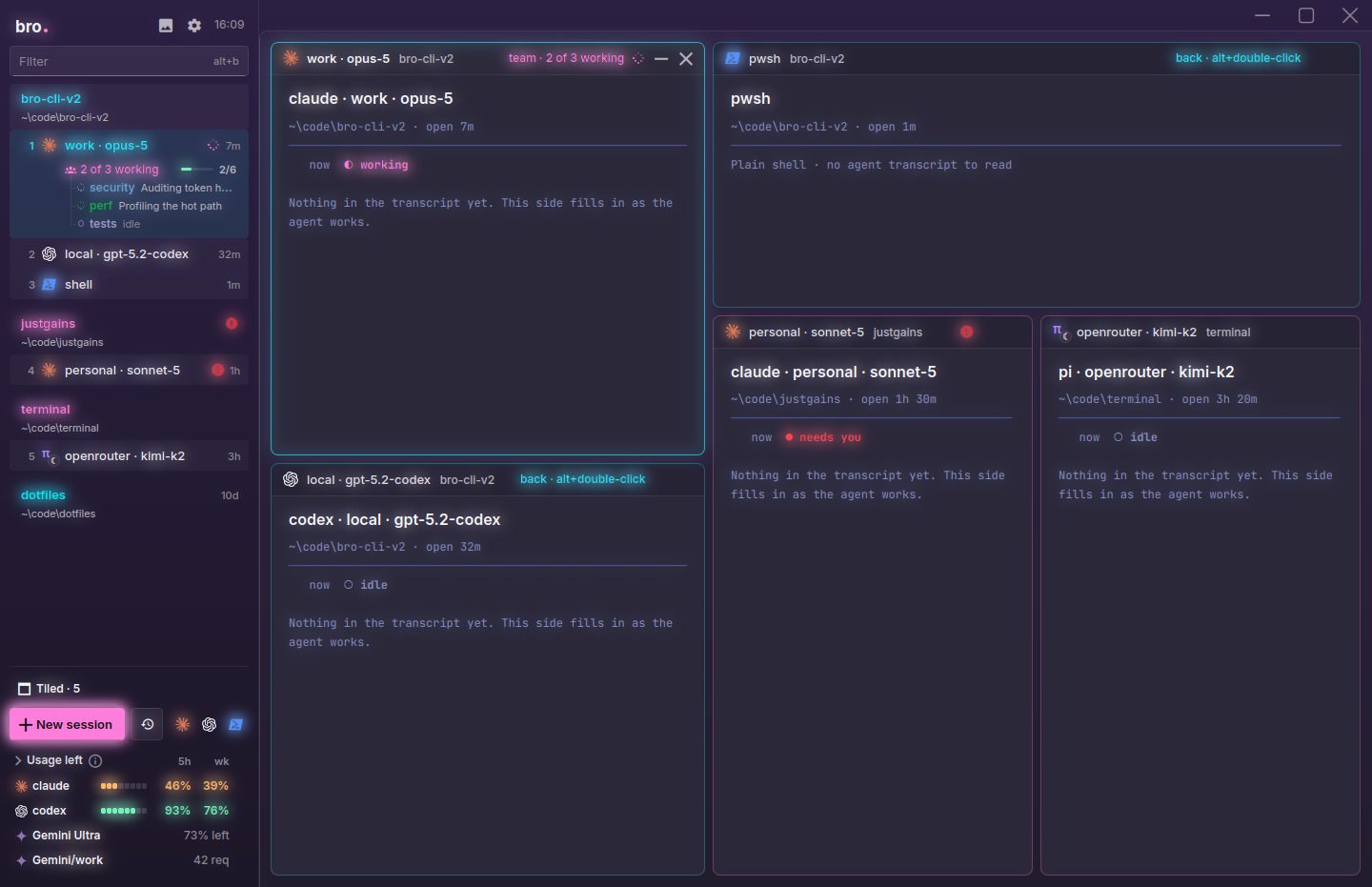 Every session flipped over to its card: title, login, folder, branch, state, latest prompt, plan and last reply, in the SynthWave '84 theme