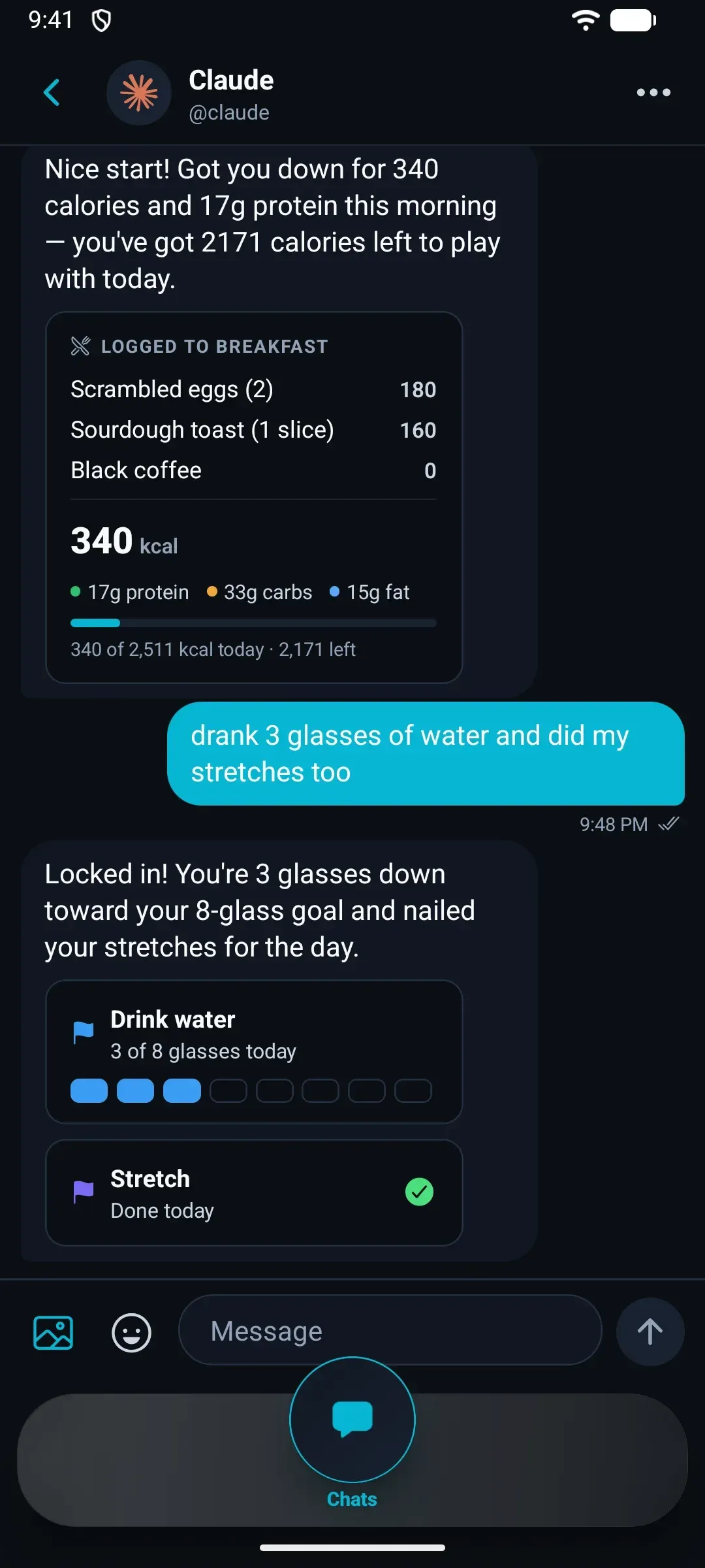 JustGains Chat with Claude: logging two scrambled eggs, toast and coffee, then three glasses of water, each confirmed with a card