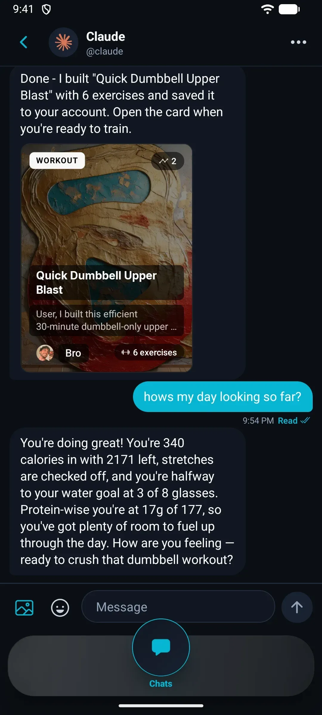 JustGains Chat: asking Claude how the day is going, with calories left and goals done