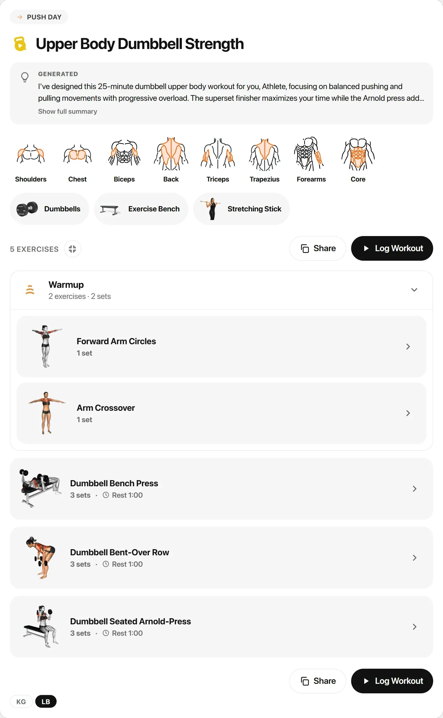 Workout card in ChatGPT: Upper Body Dumbbell Strength, with muscles worked, equipment and a warmup