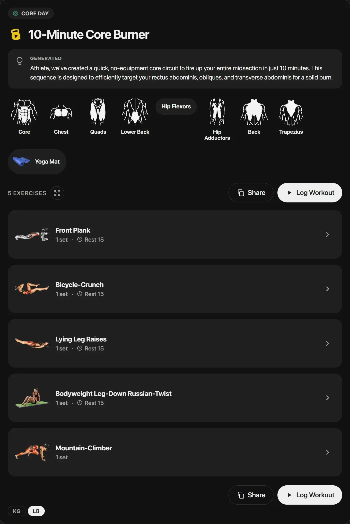 JustGains workout card in Claude, dark theme: 10-Minute Core Burner with front plank, bicycle crunch, lying leg raises, Russian twist and mountain climbers