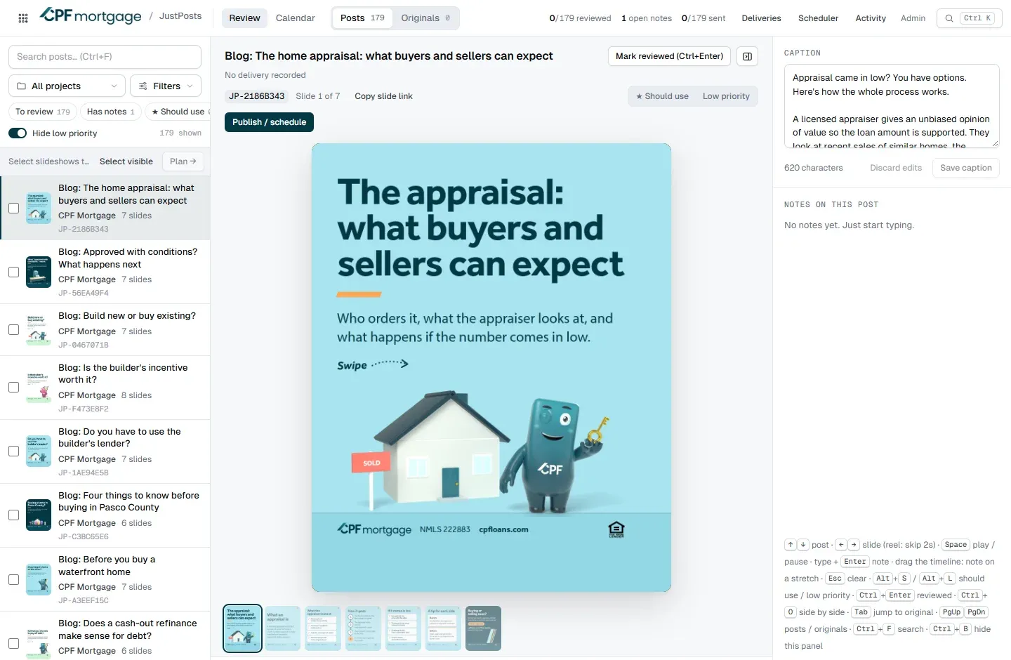 JustPosts with CPF Mortgage's posts: a carousel about the home appraisal, with the caption editor