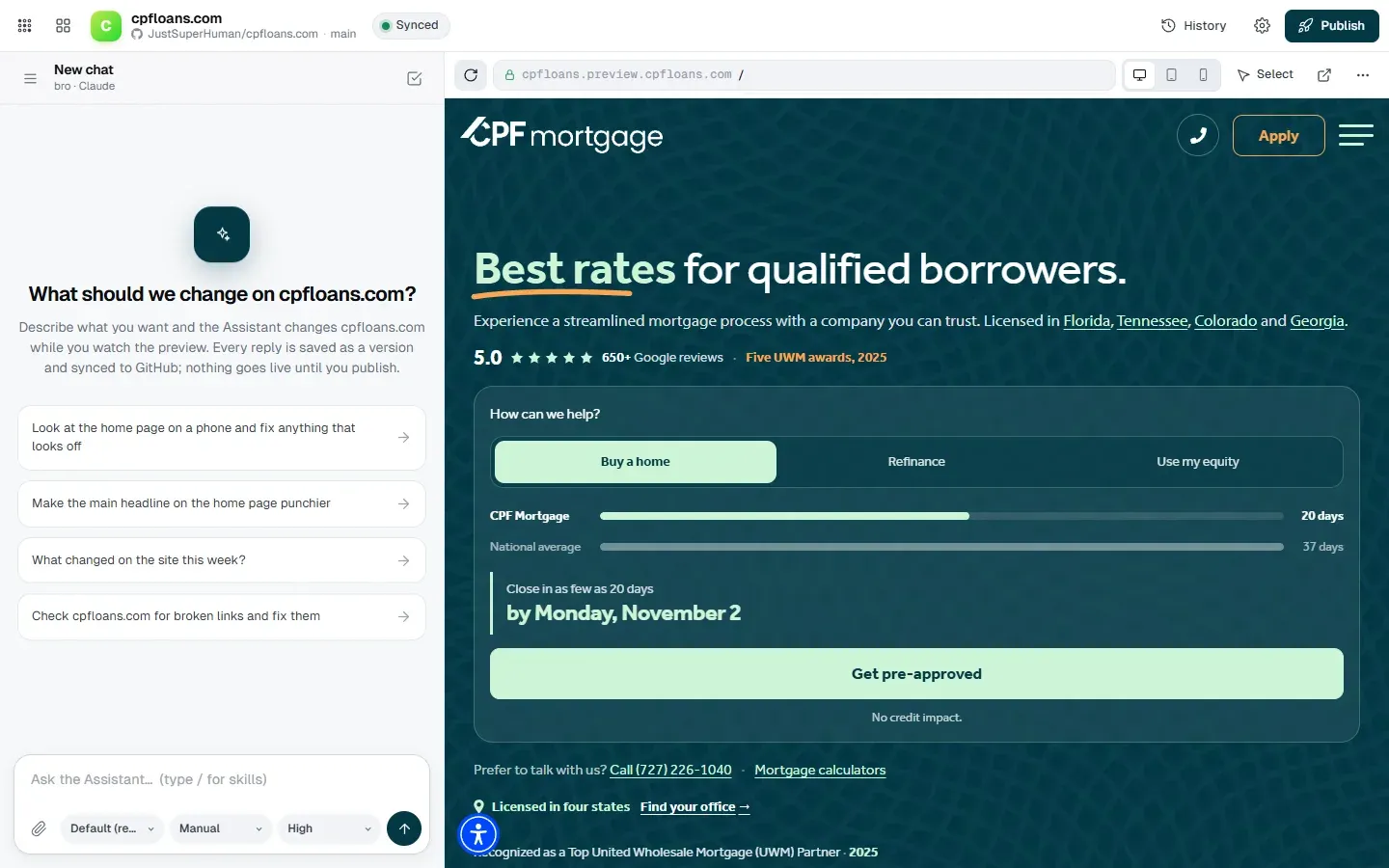 Sites in CPF's suite: a chat asking what to change on cpfloans.com, beside a live preview of the CPF Mortgage home page