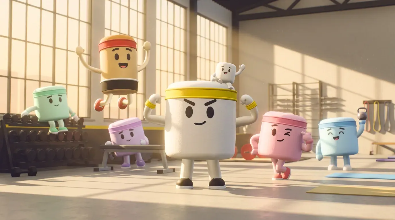 The JustGains marshmallow crew together in a sunlit gym