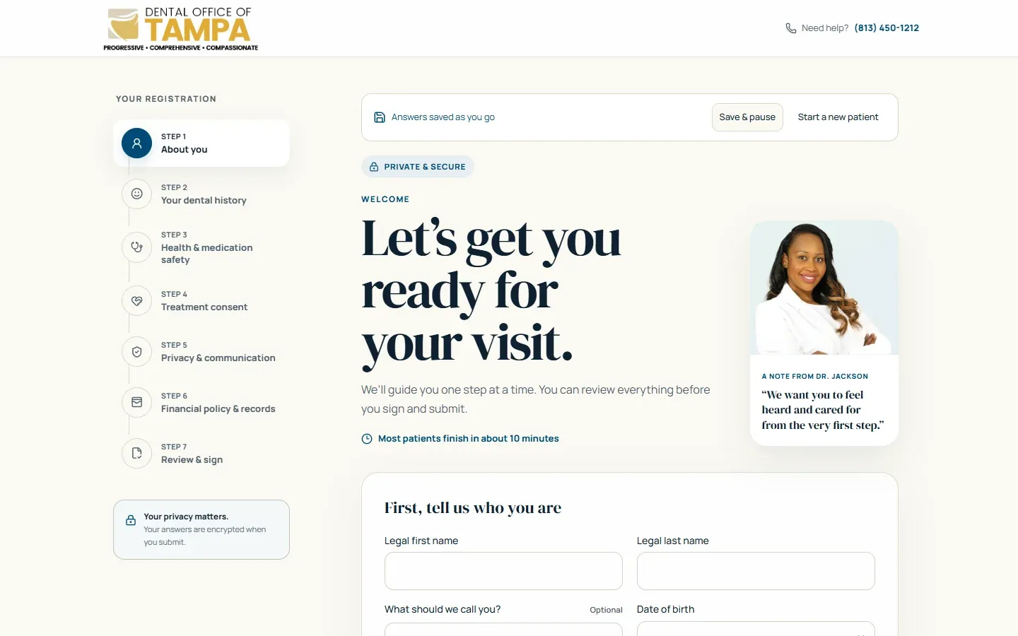 The patient registration's first step: a seven-step rail, a welcome from Dr. Jackson and empty name fields