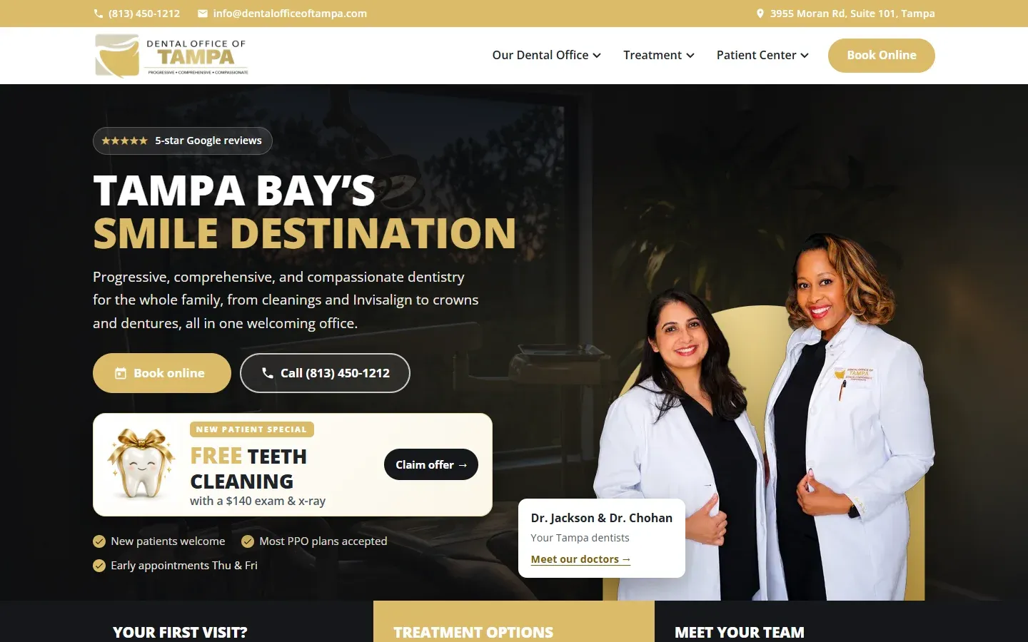 The rebuilt dentalofficeoftampa.com: Tampa Bay's Smile Destination, with Dr. Jackson and Dr. Chohan and the new patient offer