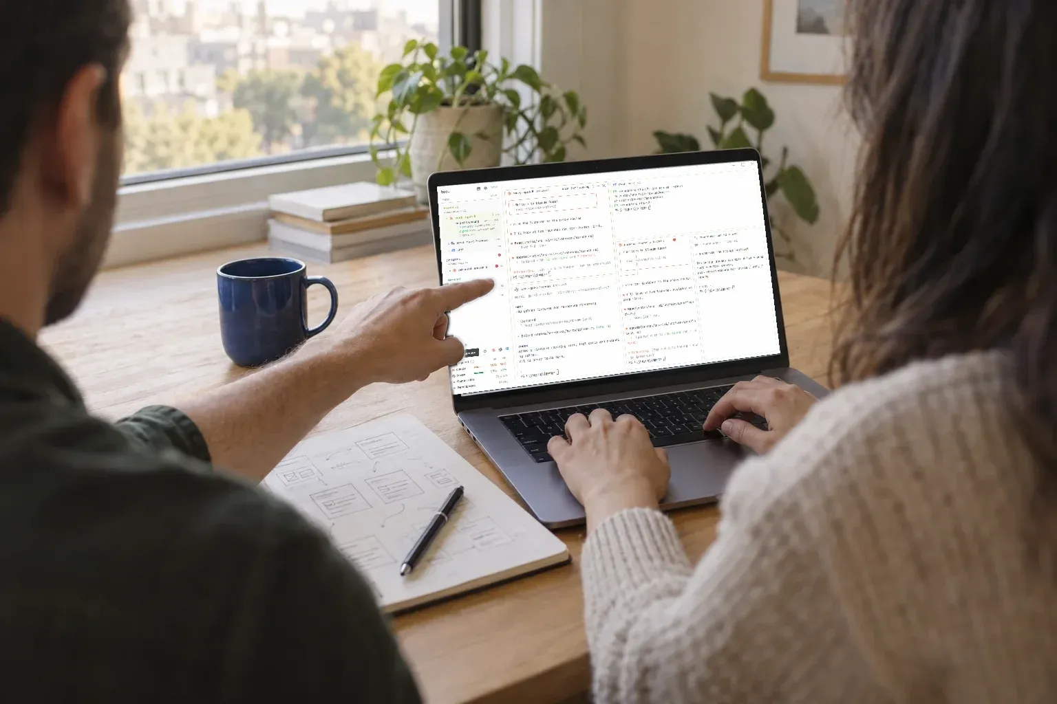Two people side by side at a laptop running coding agents in bro, one pointing at the screen while the other types
