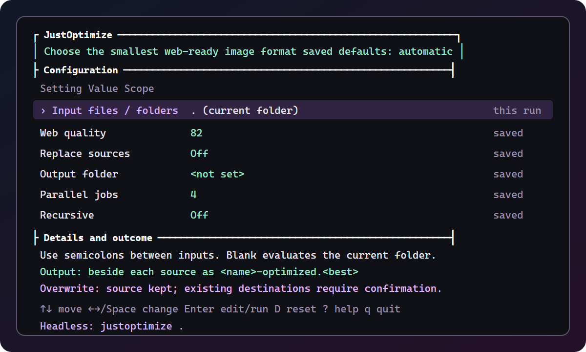 JustOptimize's console: input, web quality, replace source, output folder and parallel jobs, with the exact headless command at the bottom