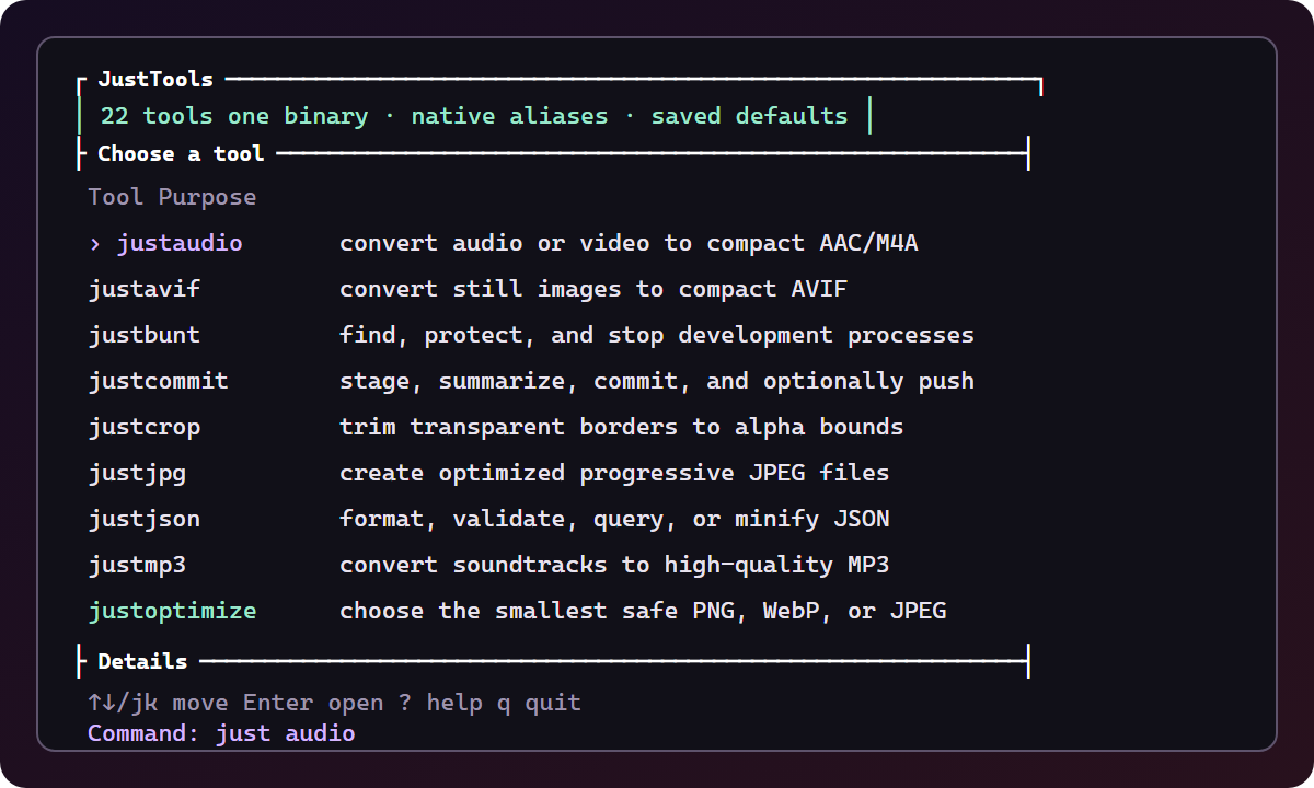 The just command browser: every JustTools command with what it does