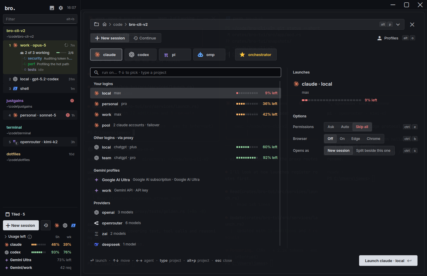 The New session launcher: agent tabs for claude, codex, pi, omp and the orchestrator, your logins with the percentage left on each, other logins through the proxy, and model providers