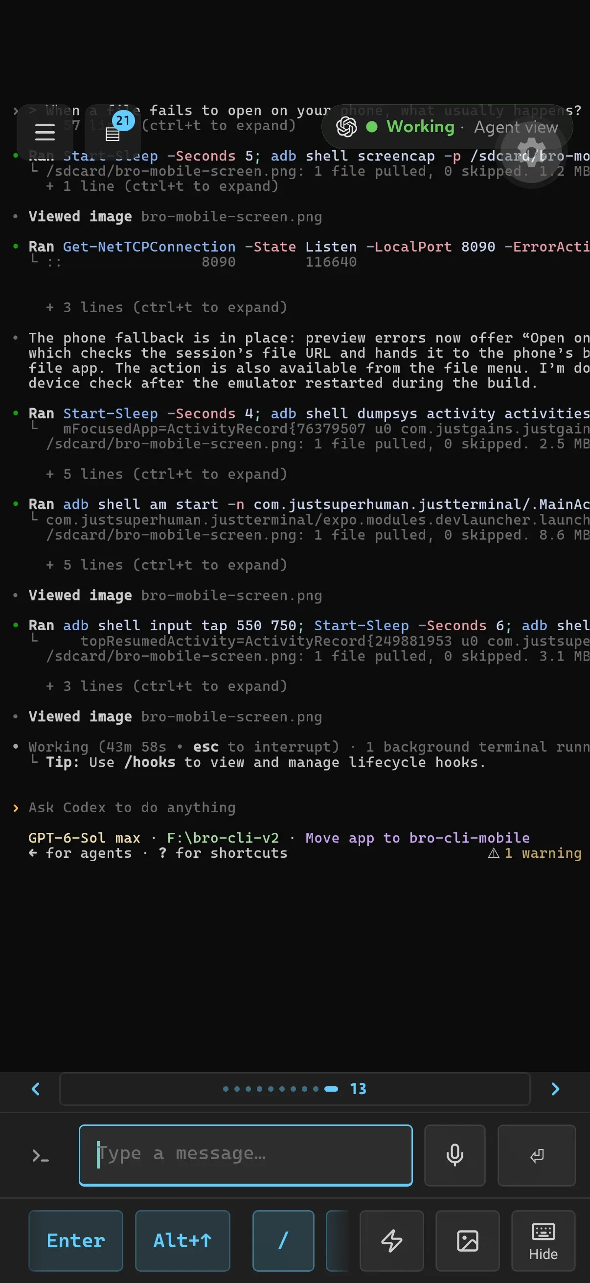 Just Terminal on a phone: a live Codex session with Enter, Alt+Up, slash and quick-action keys