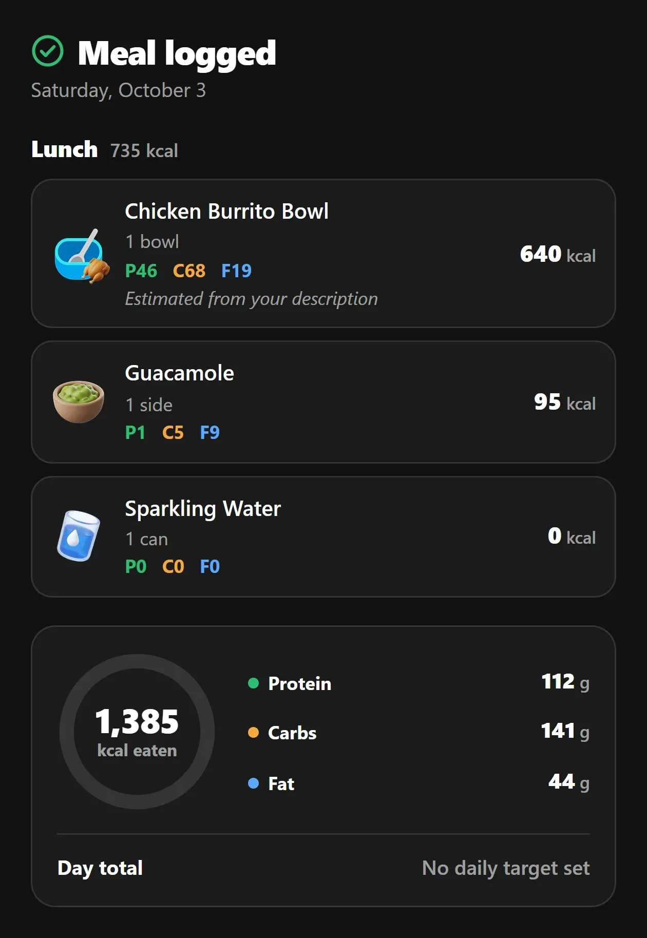 Food diary card, dark: lunch 735 kcal with protein, carbs and fat, 1,385 kcal eaten today