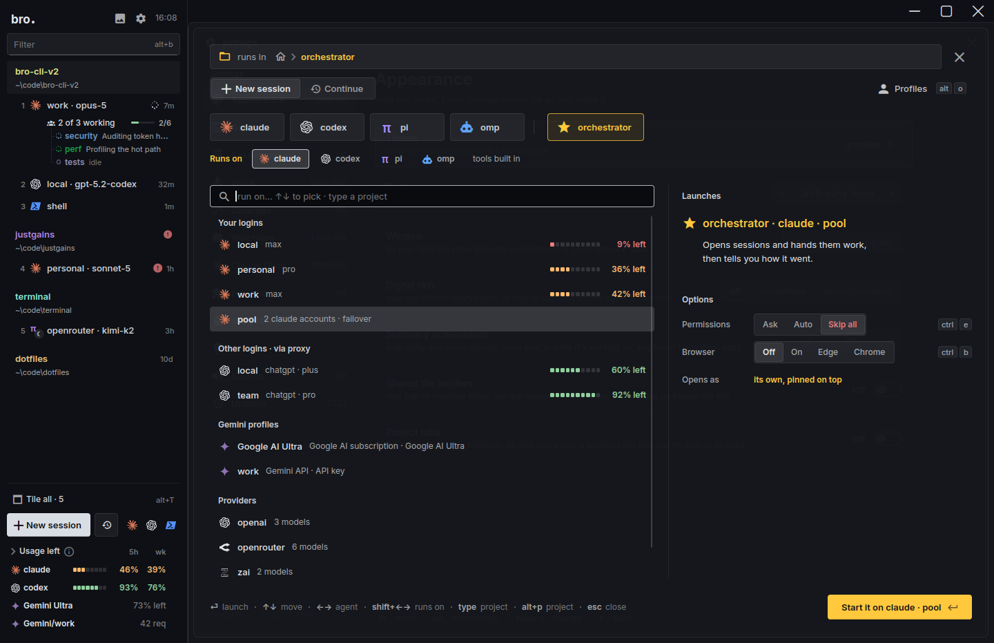 Starting the orchestrator: the gold star orchestrator tab, run on the Claude pool, opening sessions and handing them work