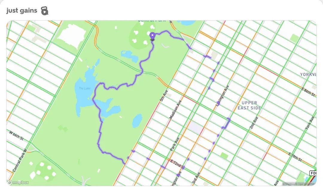 Route card: a running loop drawn on real streets and paths in Central Park