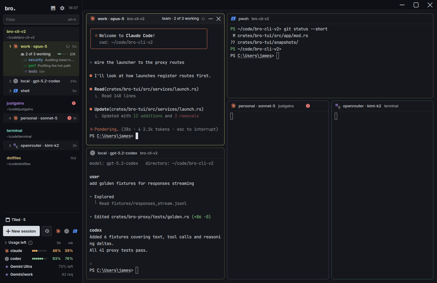 bro's desktop app: five agent sessions tiled across three projects, with the sidebar showing each agent's status and the usage left on every login