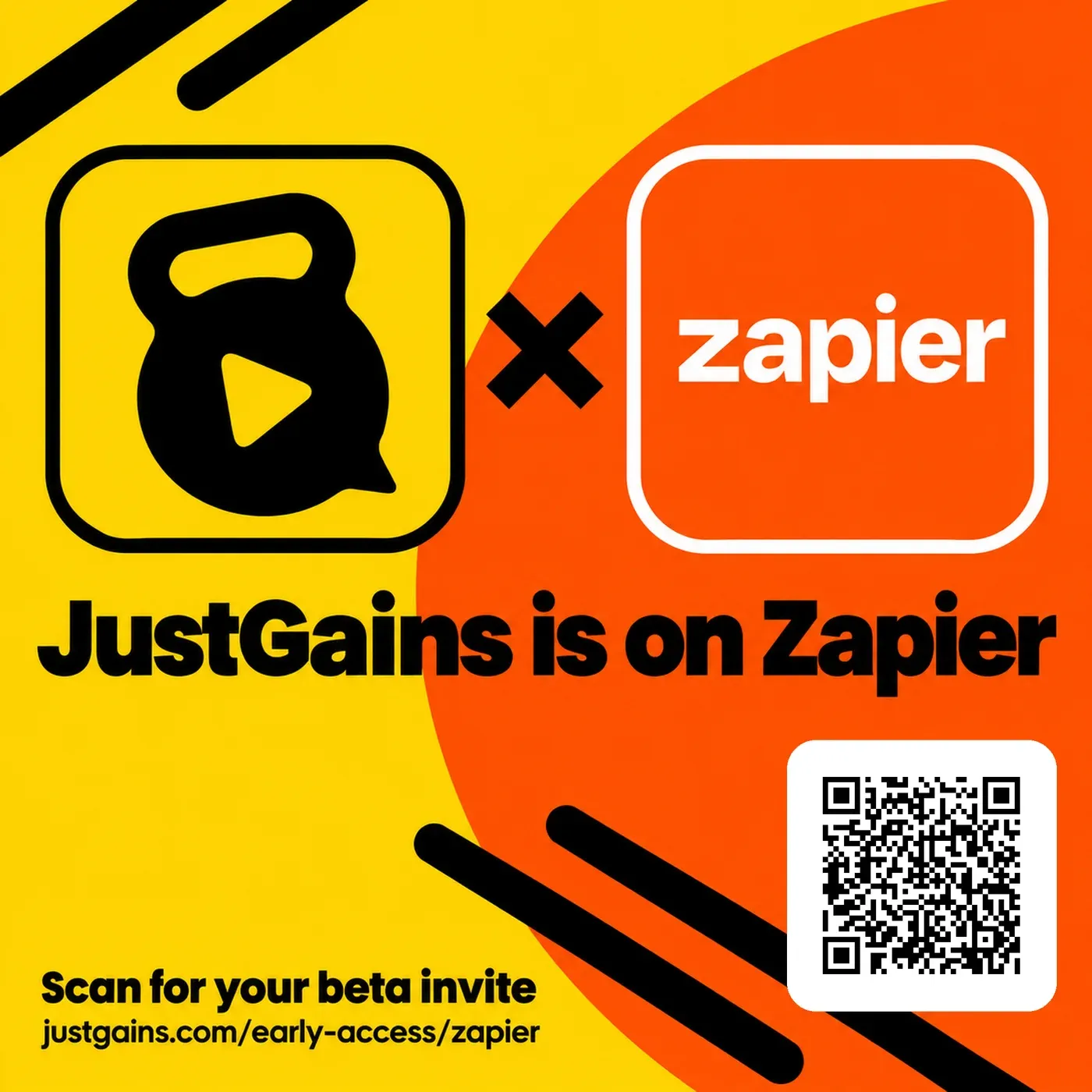 JustGains is on Zapier: scan for your beta invite at justgains.com/early-access/zapier